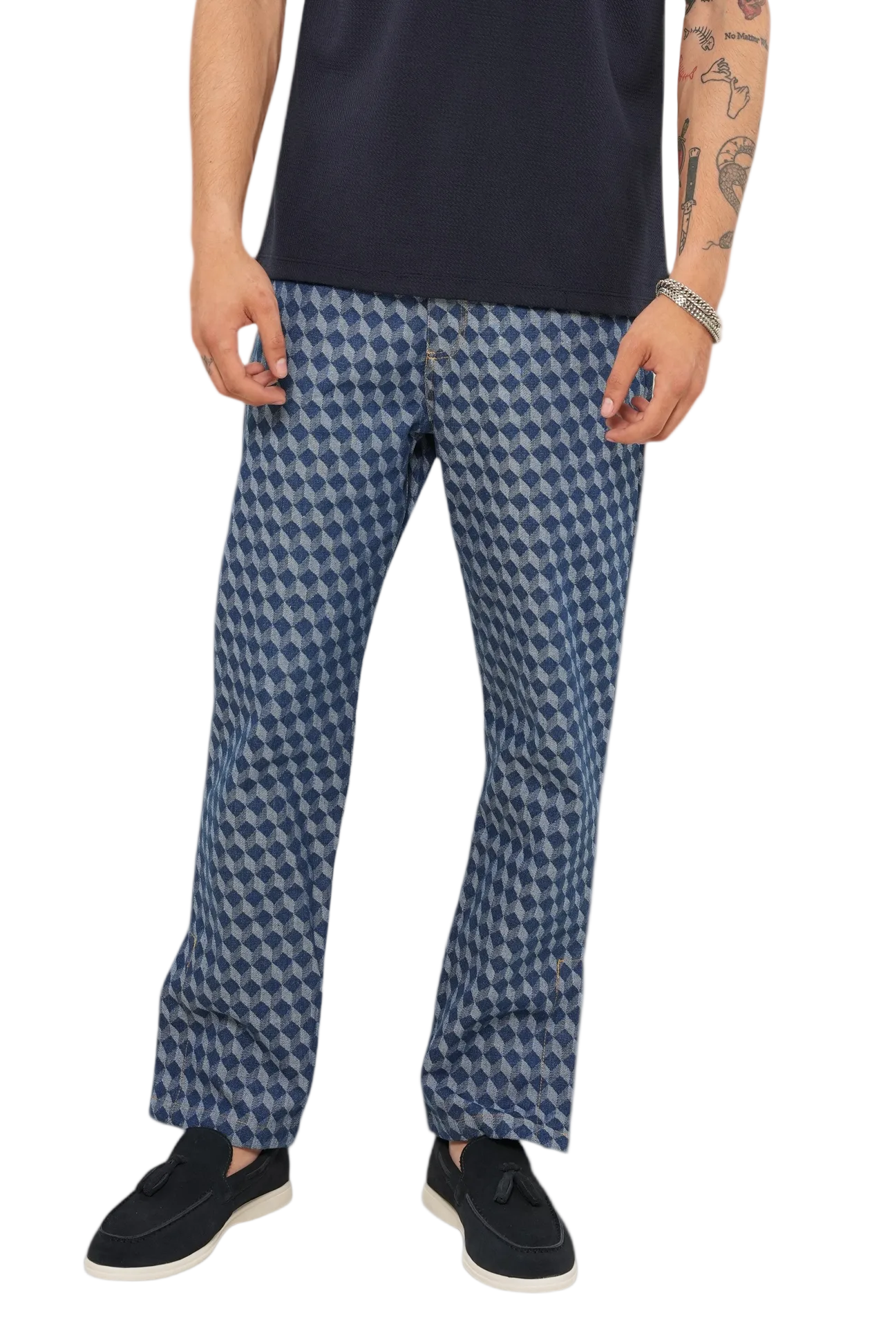 Herrbyxor med geometriskt mönster och raka ben-Pant for Men-Fjallbarn