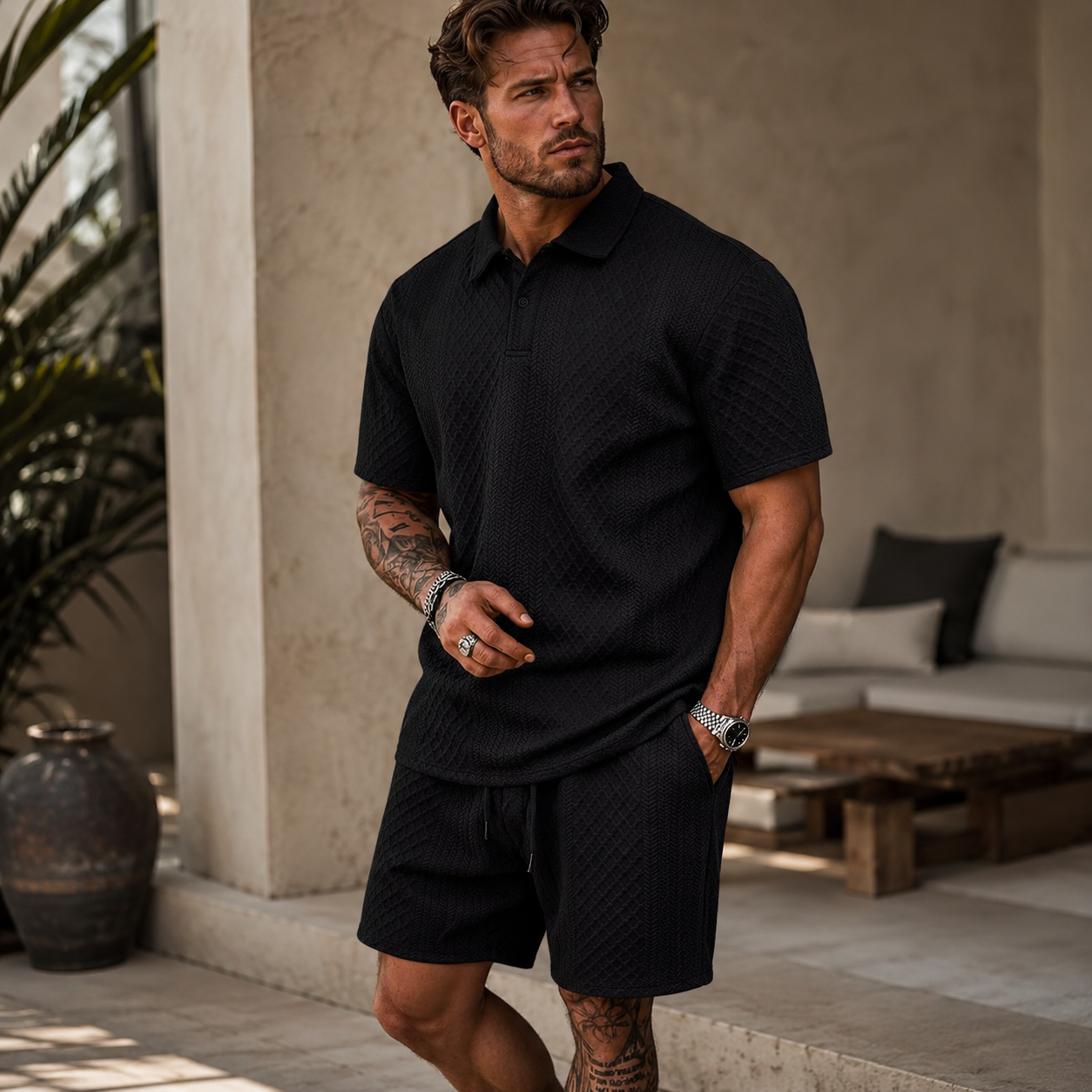 Herrset med Pikétröja och Shorts med Diagonalt Strukturmönster-Sets for Men-Fjallbarn