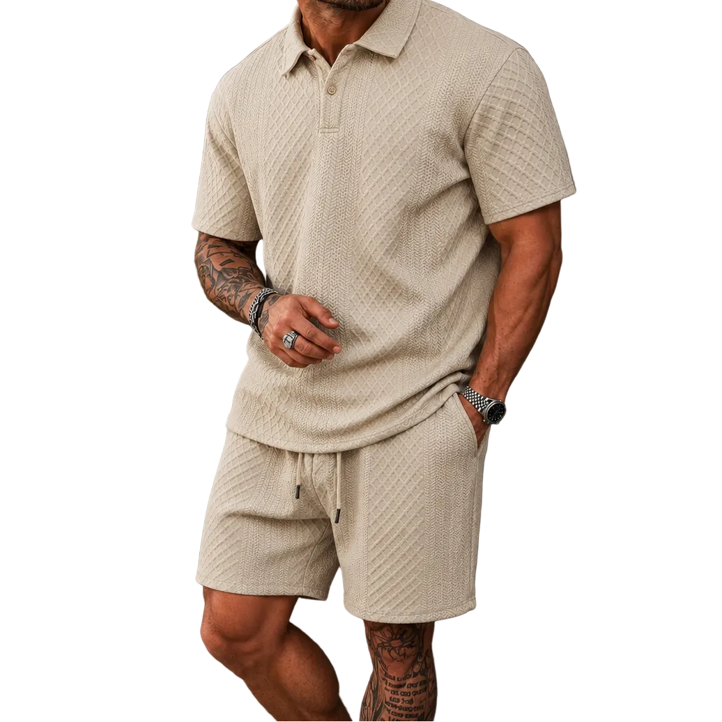 Herrset med Pikétröja och Shorts med Diagonalt Strukturmönster-Sets for Men-Fjallbarn