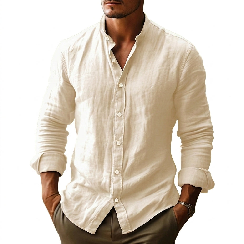 Herrskjorta i linneväv med kinakrage-Shirts for men-Fjallbarn