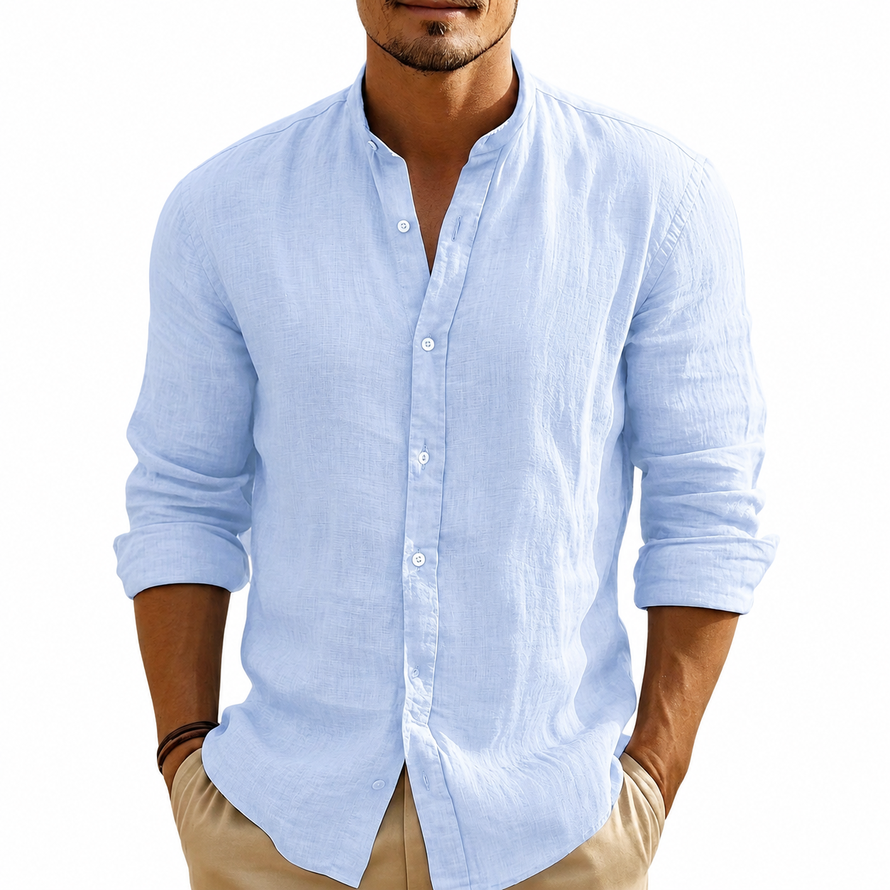 Herrskjorta i linneväv med kinakrage-Shirts for men-Fjallbarn