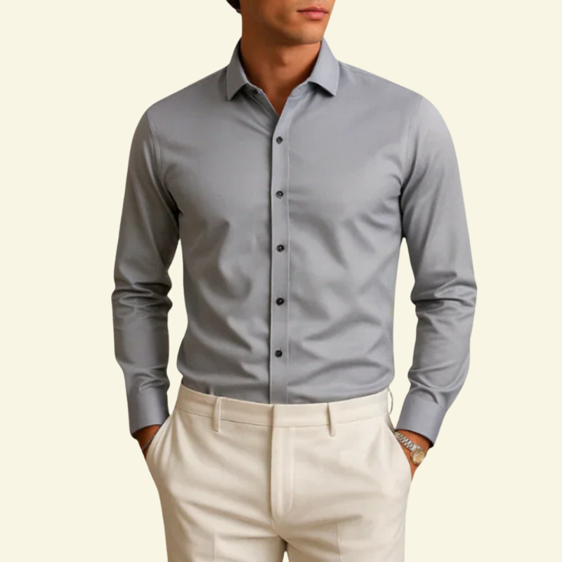 Herrskjorta med långa ärmar och krage med knappstängning och kontrastknappar-Shirts for men-Fjallbarn