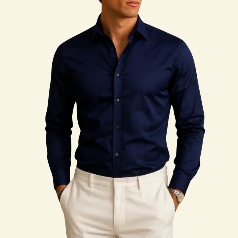 Herrskjorta med långa ärmar och krage med knappstängning och kontrastknappar-Shirts for men-Fjallbarn