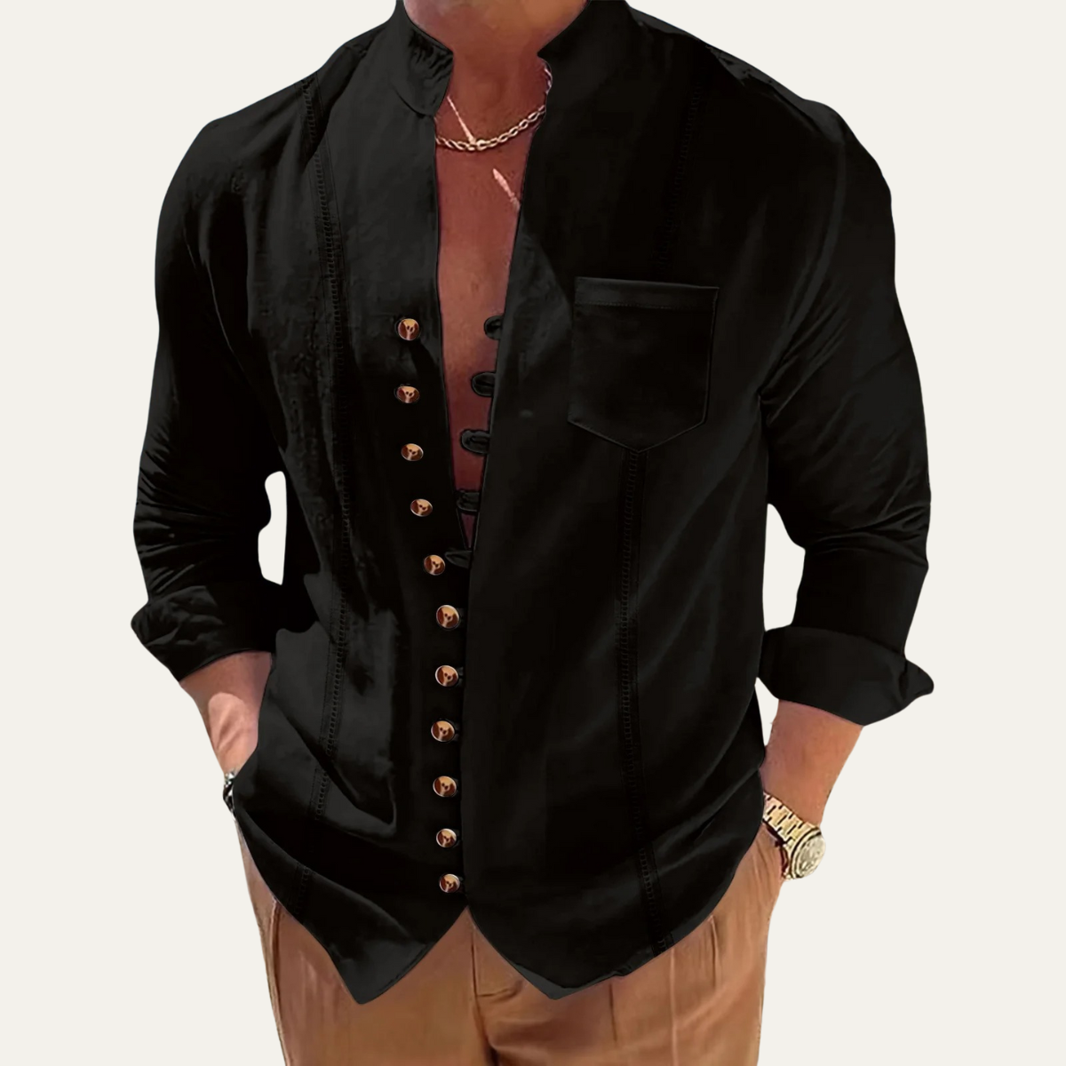 Herrskjorta med mandarinkrage och knappar-Shirts for men-Fjallbarn