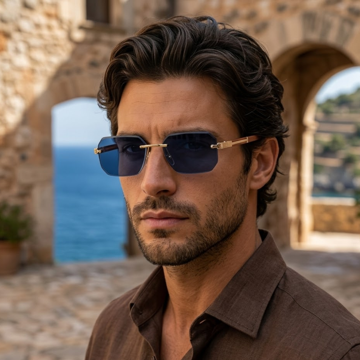 Herrsolglasögon med geometriska linser och metallbrygga-Glasses for men-Fjallbarn
