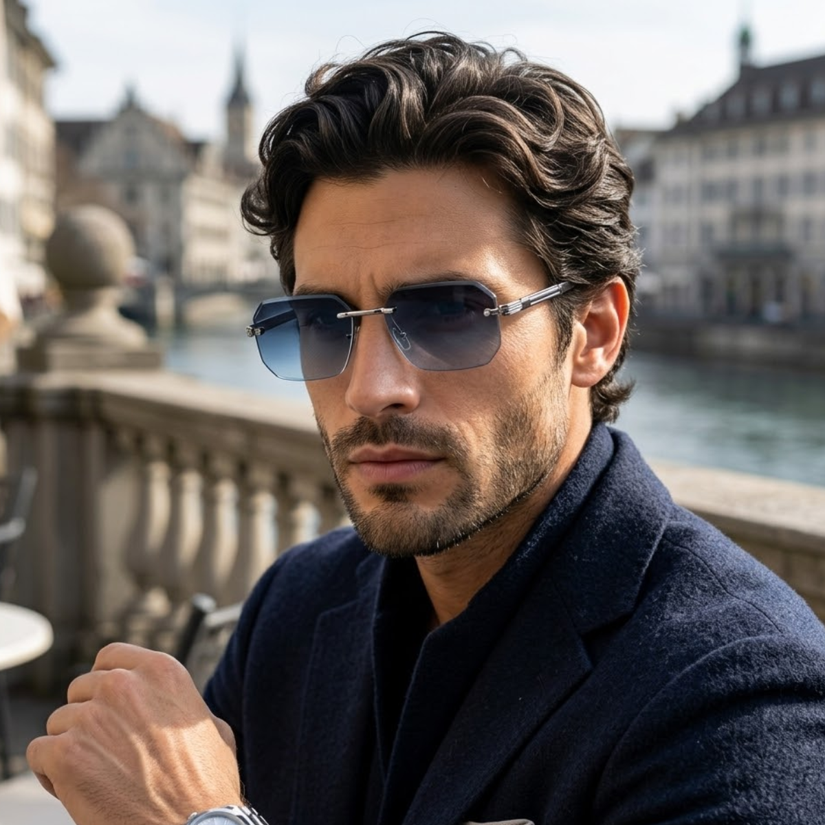 Herrsolglasögon med geometriska linser och metallbrygga-Glasses for men-Fjallbarn