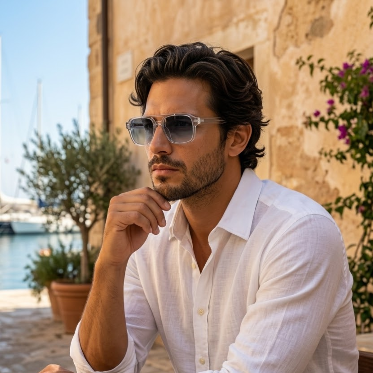 Herrsolglasögon med transparent fyrkantig båge och räfflade skalmar-Glasses for men-Fjallbarn