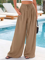Högmidjade vida byxor med veck för dam-Pants for Women-Fjallbarn