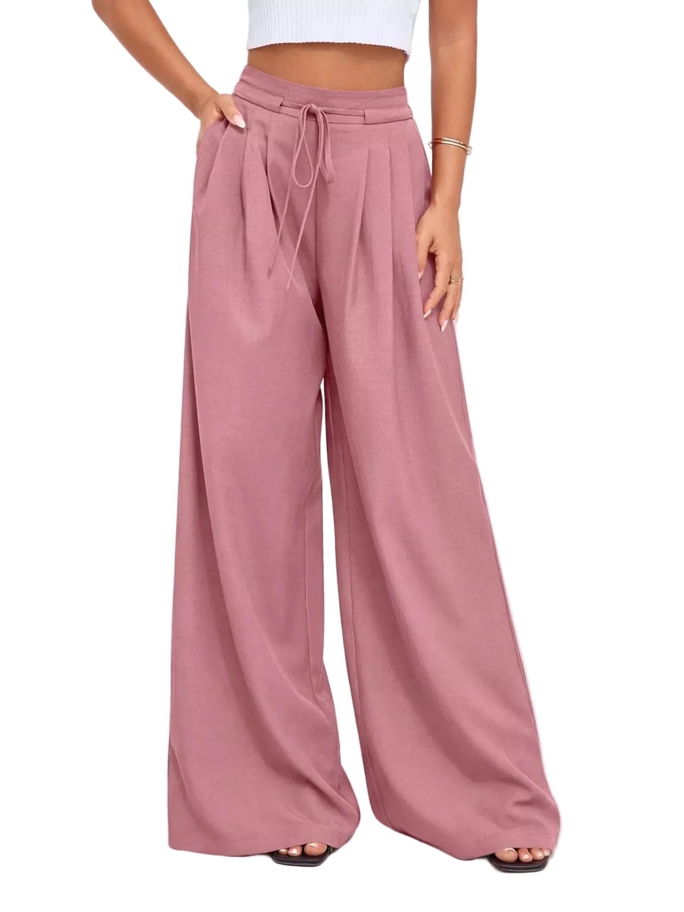Högmidjade vida byxor med veck för dam-Pants for Women-Fjallbarn