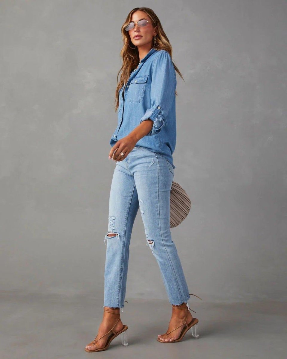 Jeanskjorta med knappar för dam-Shirts for women-Fjallbarn
