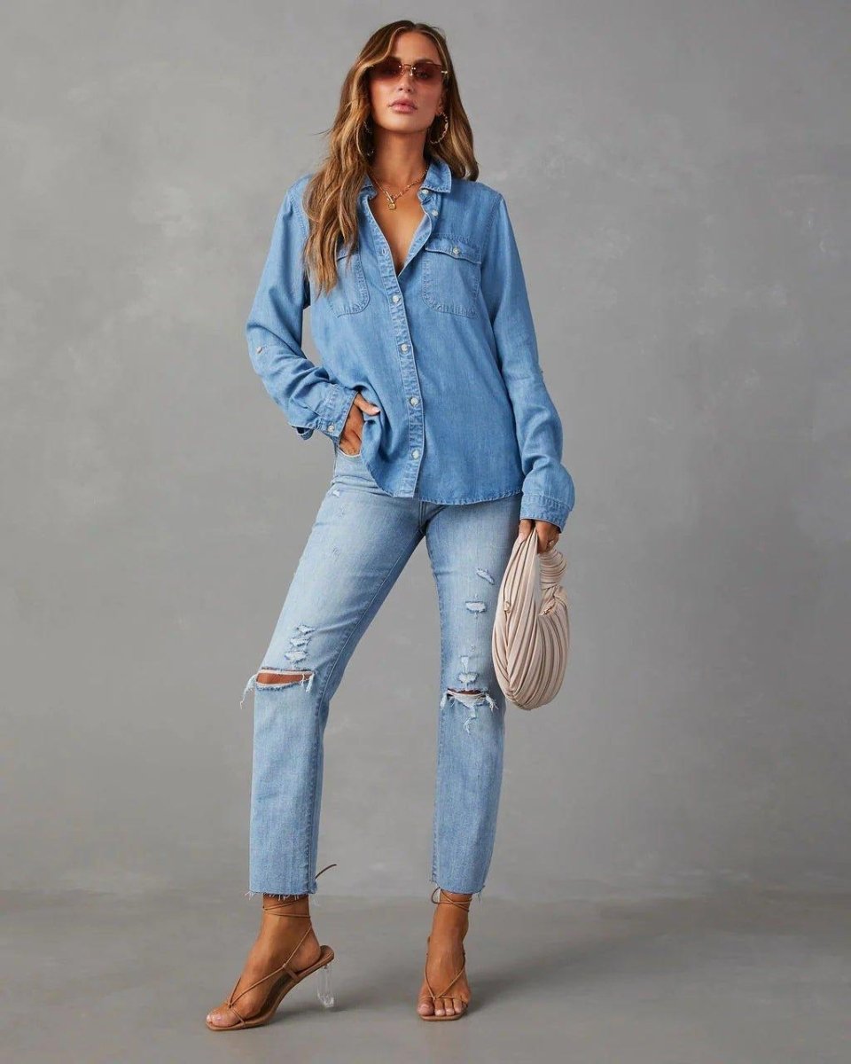 Jeanskjorta med knappar för dam-Shirts for women-Fjallbarn