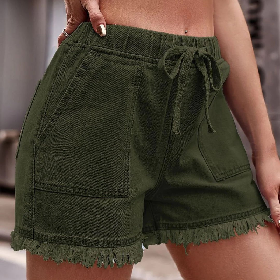 Jeansshorts för dam med elastisk midja, dragsko och fransad fåll-Shorts for women-Fjallbarn