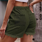 Jeansshorts för dam med elastisk midja, dragsko och fransad fåll-Shorts for women-Fjallbarn