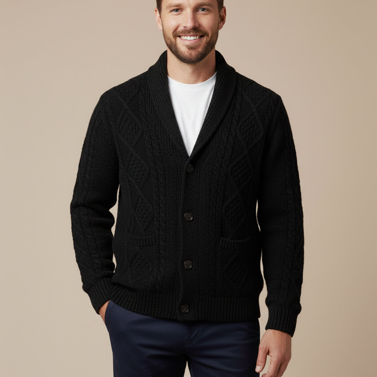 Kabelstickad kofta med sjalkrage för herrar-Cardigan for men-Fjallbarn