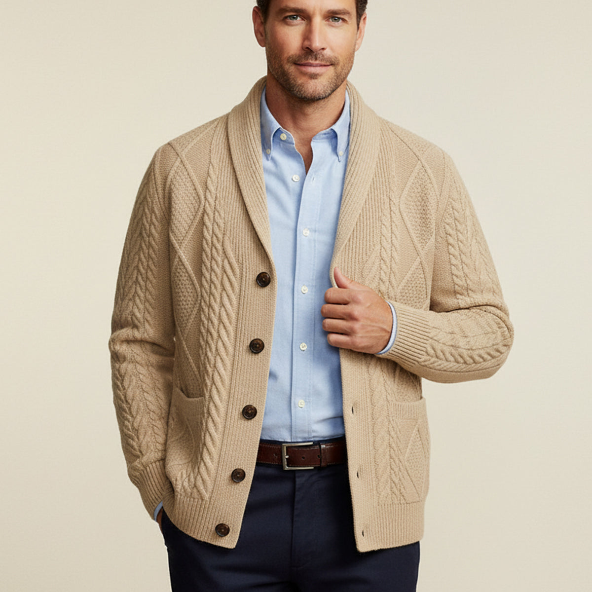 Kabelstickad kofta med sjalkrage för herrar-Cardigan for men-Fjallbarn