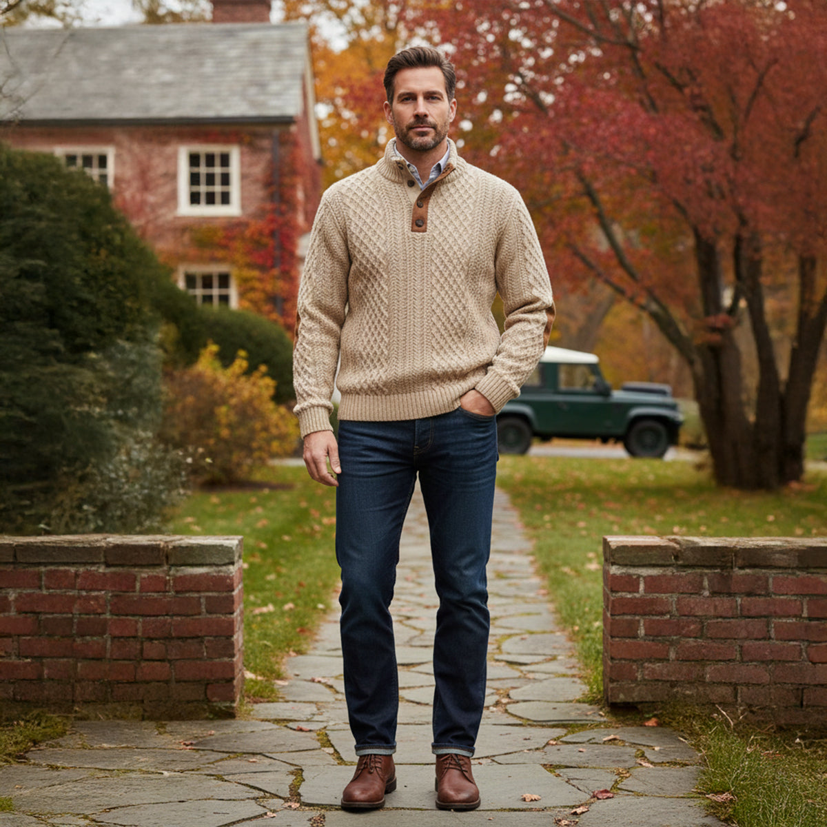 Kabelstickad tröja med kvartsknappning för herrar-Sweaters for men-Fjallbarn