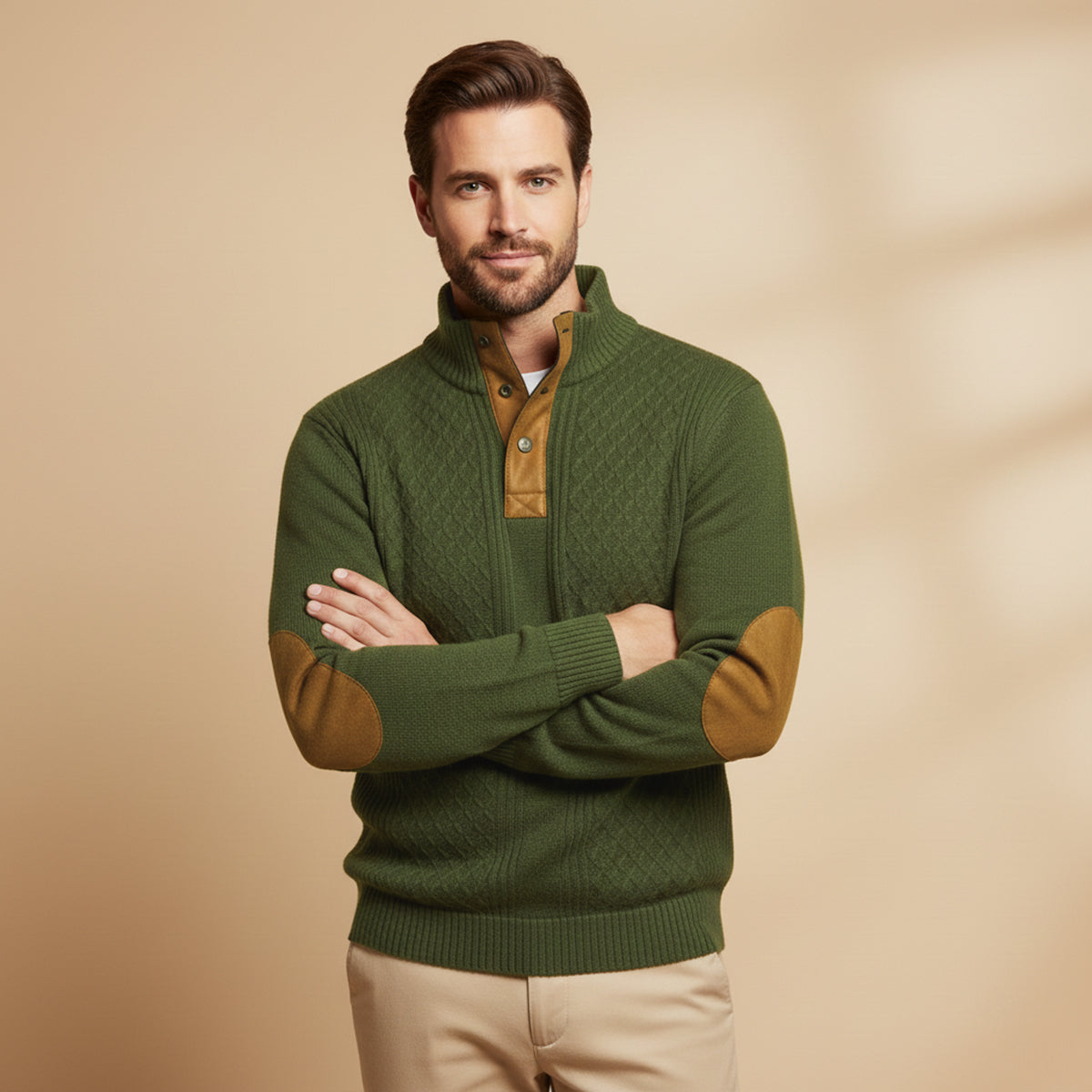 Kabelstickad tröja med kvartsknappning för herrar-Sweaters for men-Fjallbarn