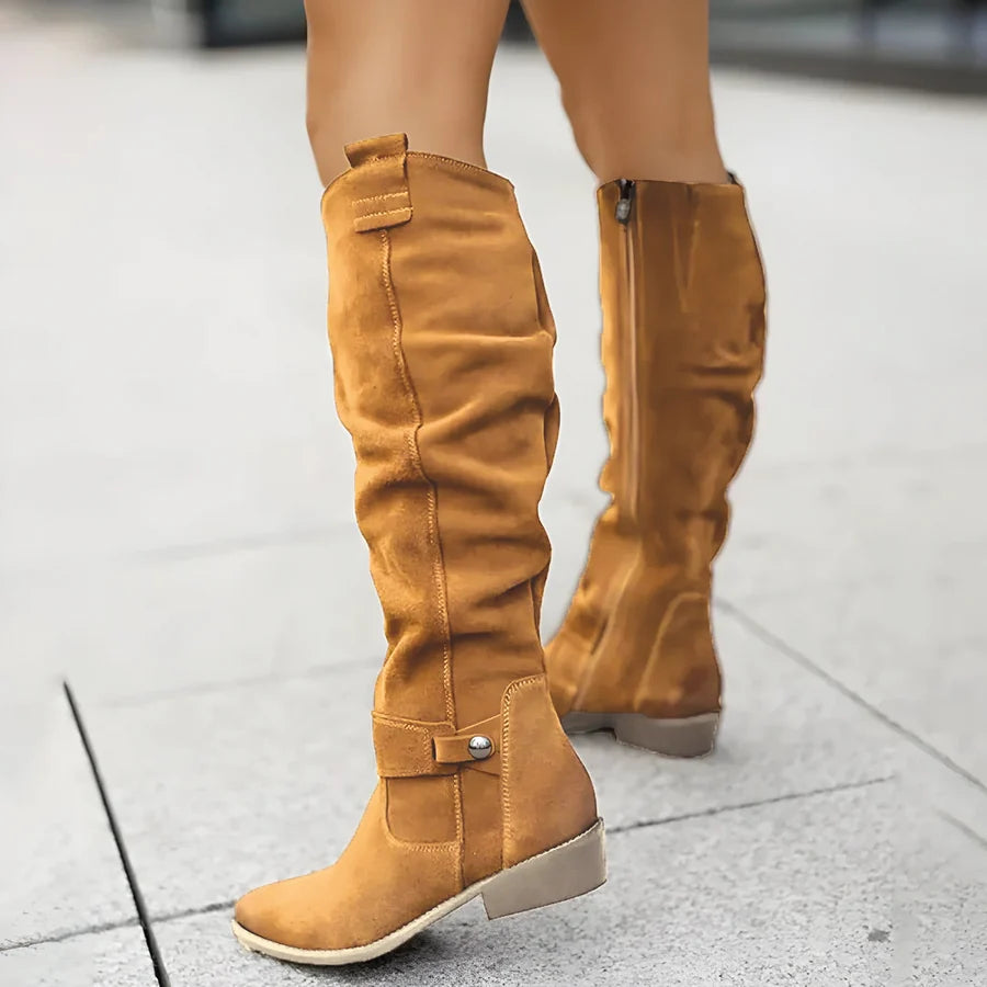 Knähöga mockastövlar för dam med låg blockklack-Footwear for women-Fjallbarn