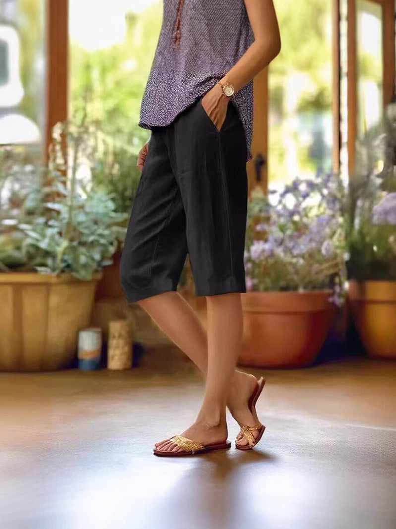 Knälånga linneshorts med vida ben för dam-Shorts for women-Fjallbarn