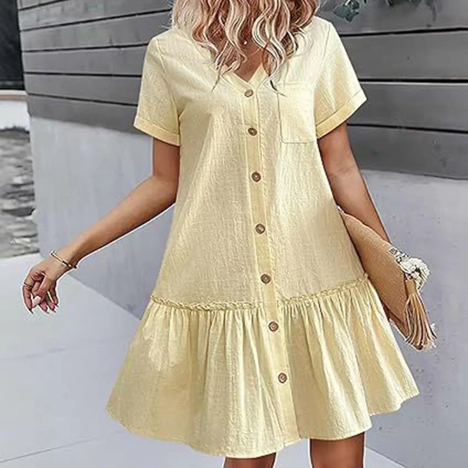 Kort skjortklänning med knappar för dam-Mini Dress-Fjallbarn