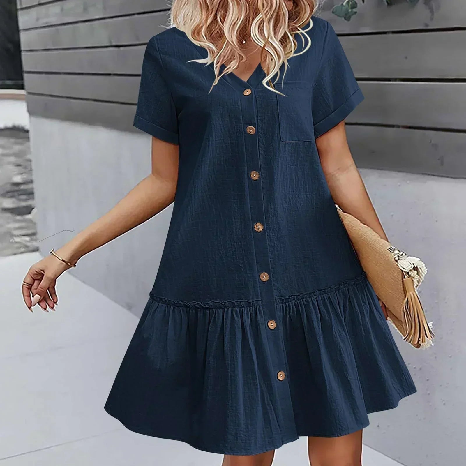 Kort skjortklänning med knappar för dam-Mini Dress-Fjallbarn