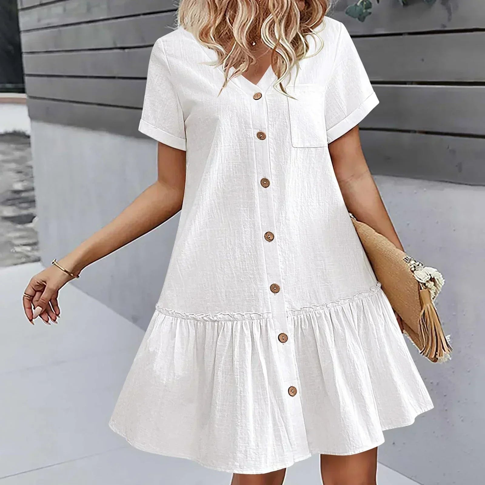 Kort skjortklänning med knappar för dam-Mini Dress-Fjallbarn