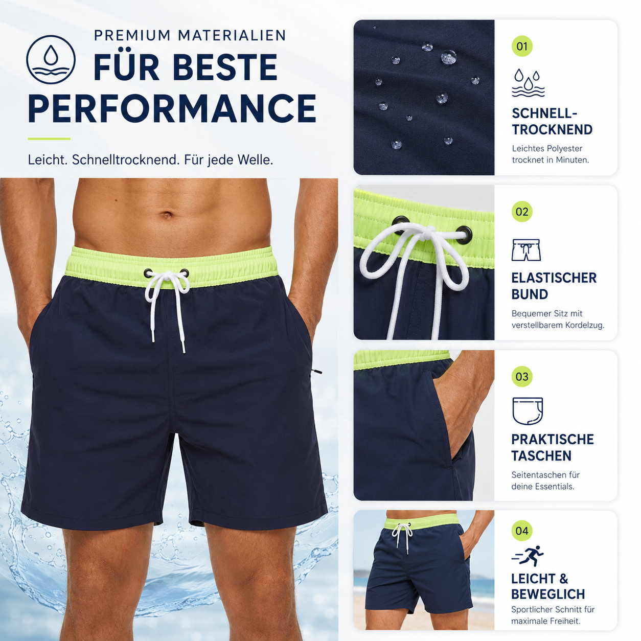 Korta badshorts för herr med kontrasterande midjeband-Swimwear for men-Fjallbarn