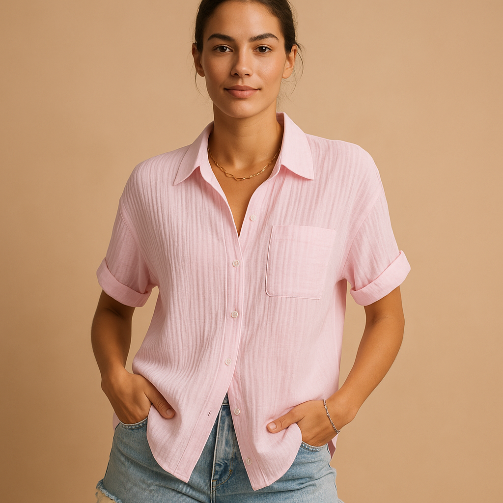 Kortärmad damskjorta med krage och bröstficka-Blouses for women-Fjallbarn