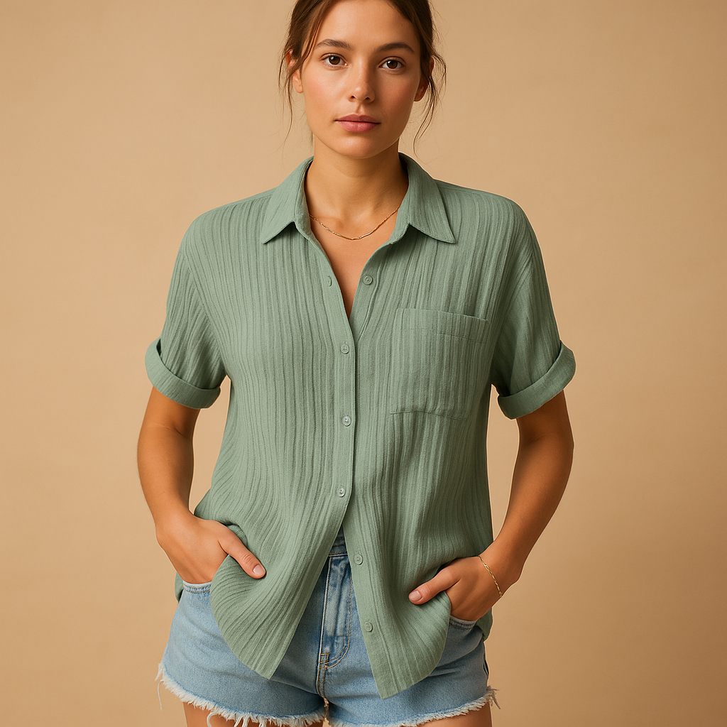 Kortärmad damskjorta med krage och bröstficka-Blouses for women-Fjallbarn