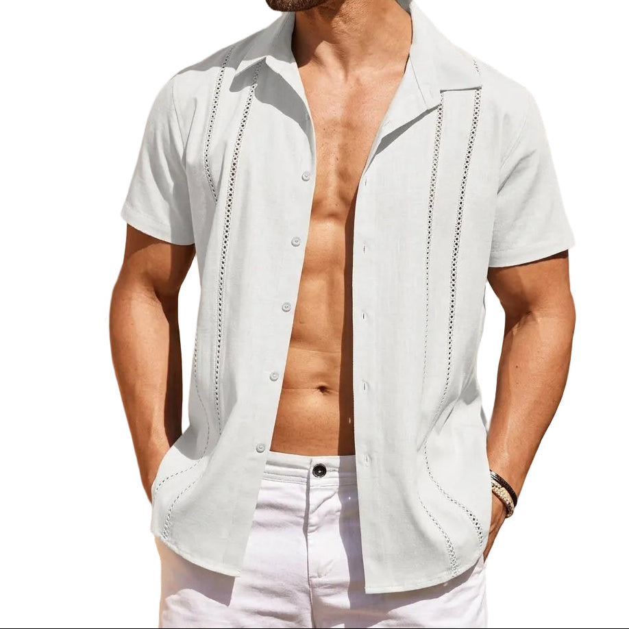 Kortärmad herrskjorta med vertikala dekorpaneler-Shirts for men-Fjallbarn