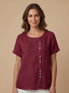 Kortärmad linneblus för dam med knappdetaljer-Blouses for women-Fjallbarn