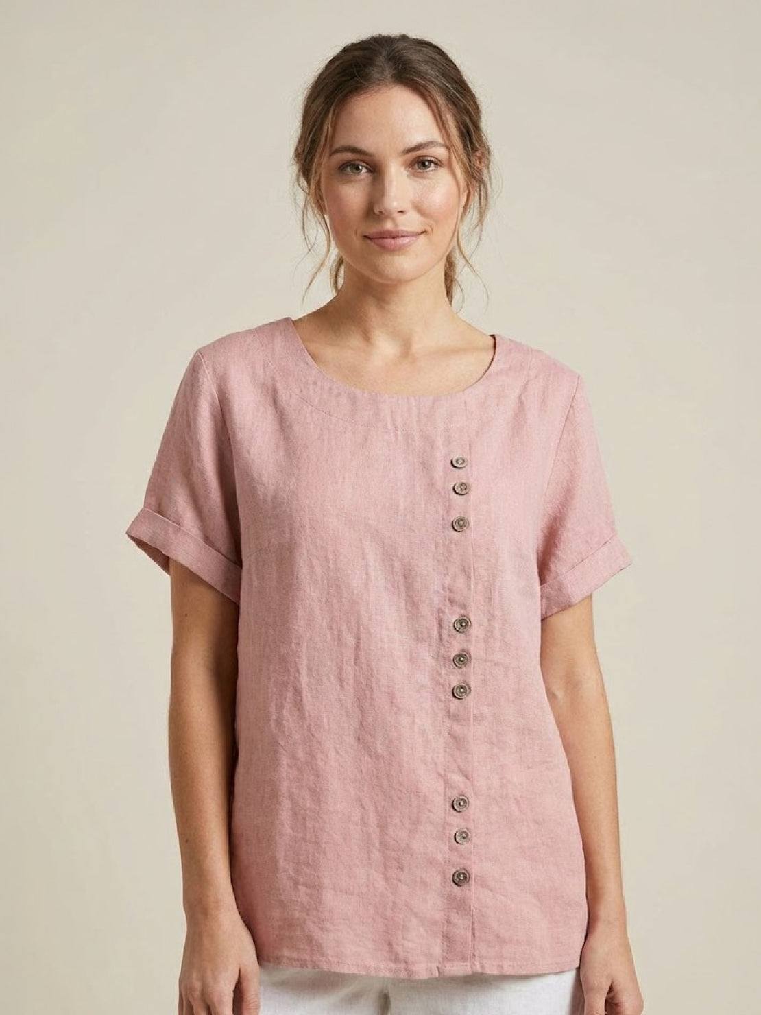 Kortärmad linneblus för dam med knappdetaljer-Blouses for women-Fjallbarn