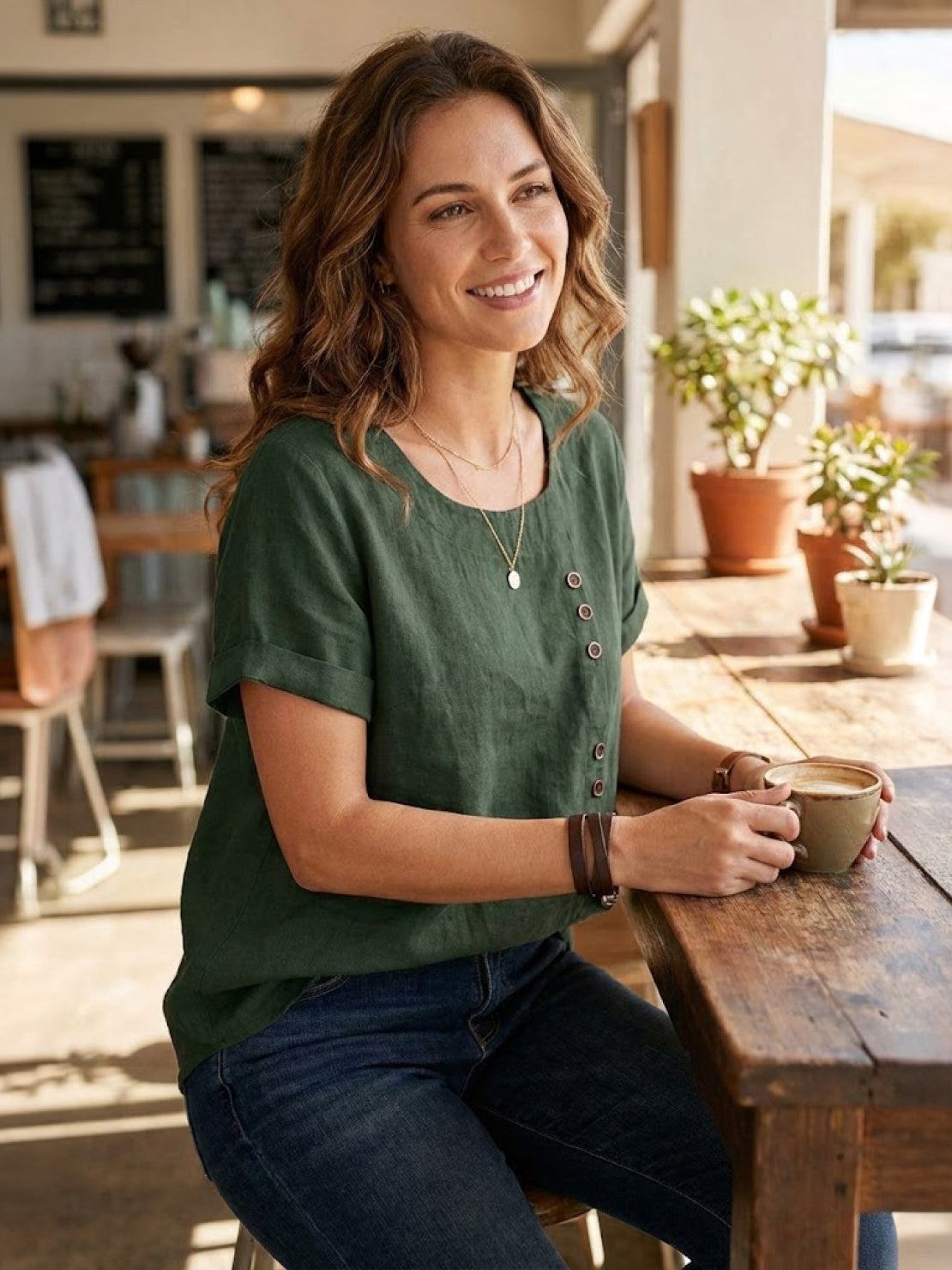 Kortärmad linneblus för dam med knappdetaljer-Blouses for women-Fjallbarn