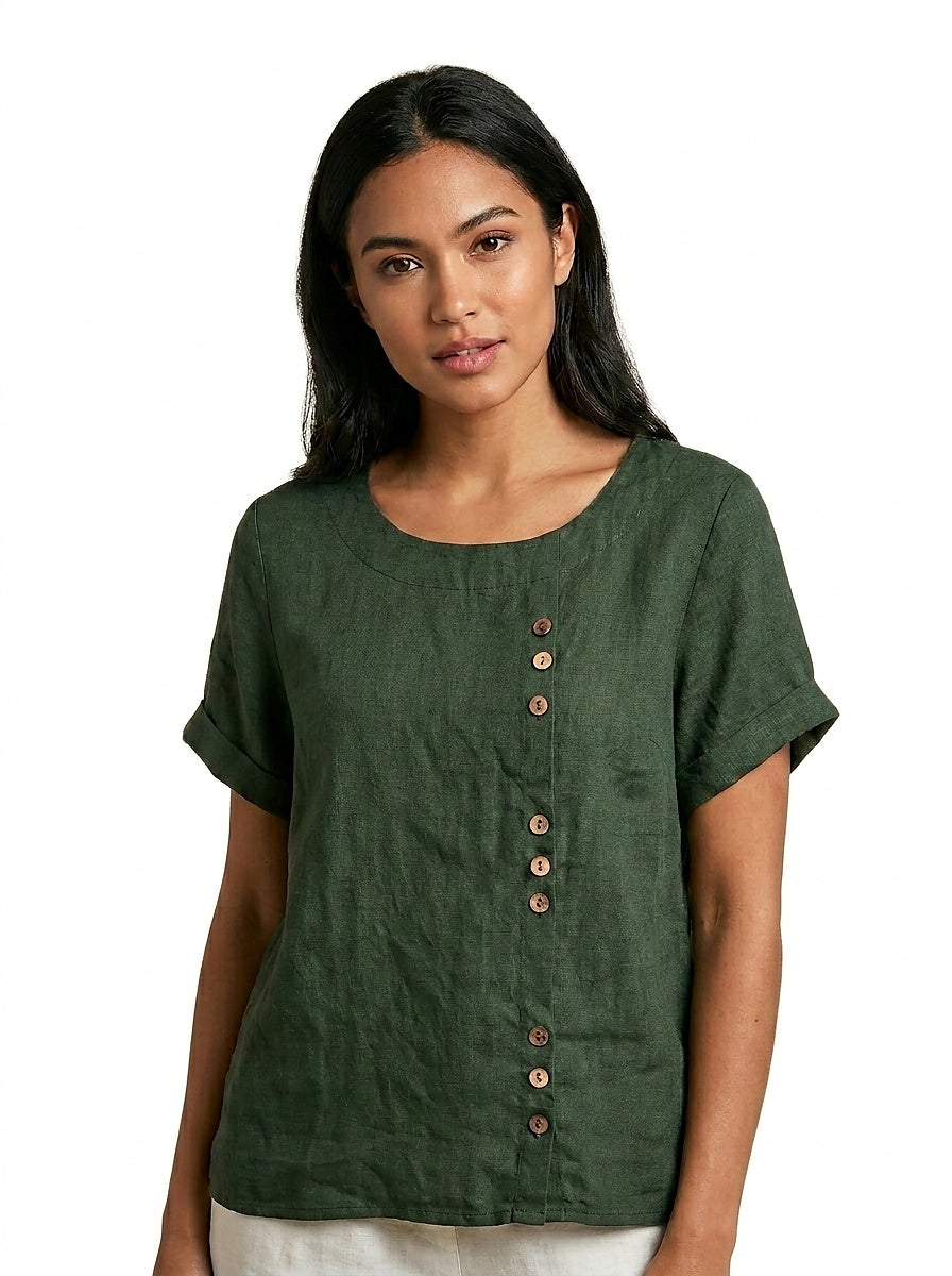 Kortärmad linneblus för dam med knappdetaljer-Blouses for women-Fjallbarn