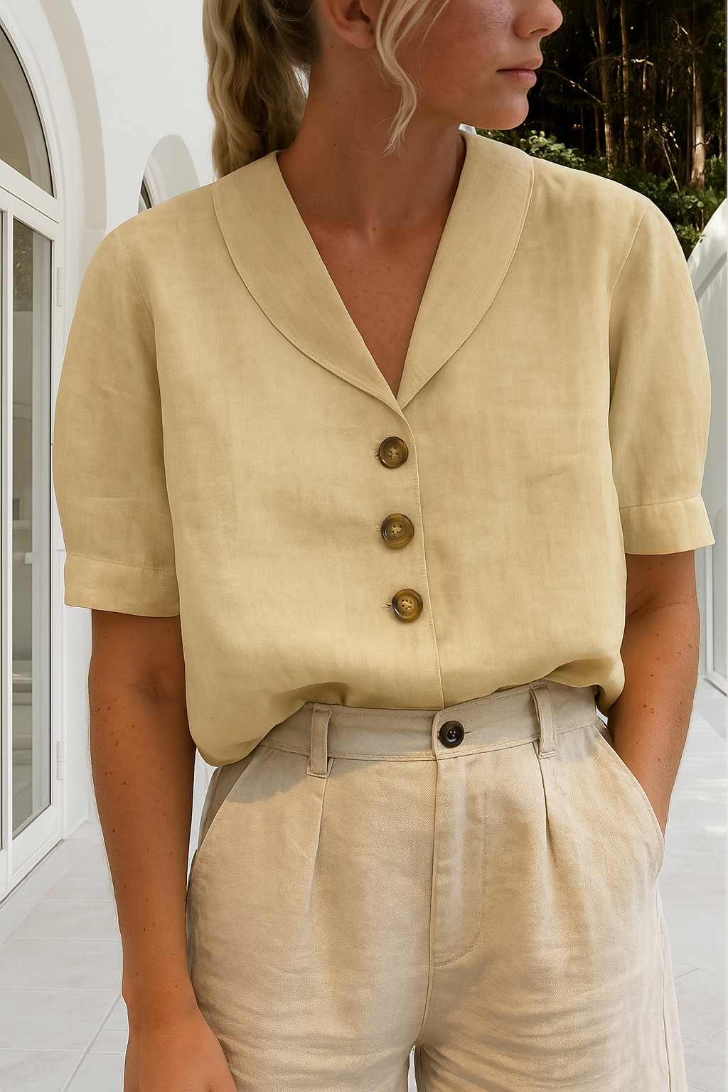 Kortärmad linneskjorta för dam med kavajkrage-Blouses for women-Fjallbarn