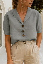 Kortärmad linneskjorta för dam med kavajkrage-Blouses for women-Fjallbarn