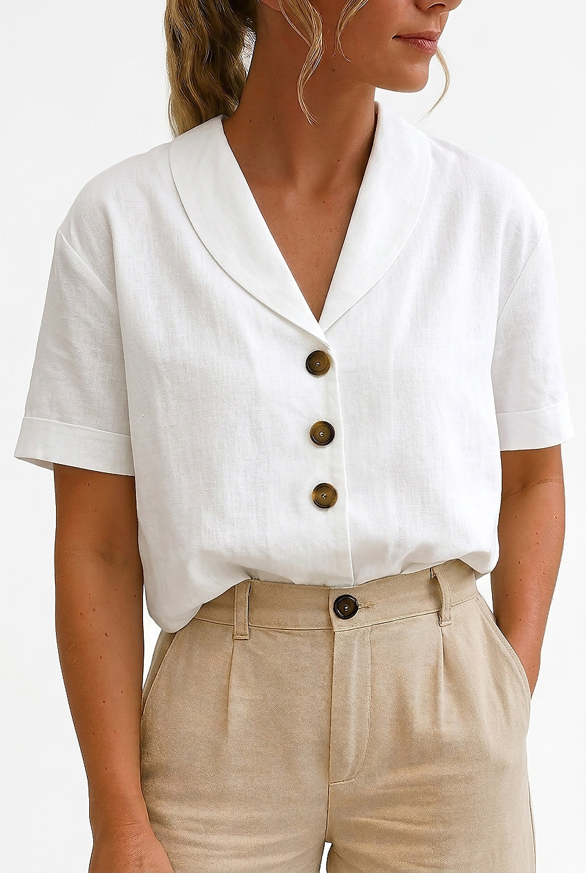 Kortärmad linneskjorta för dam med kavajkrage-Blouses for women-Fjallbarn