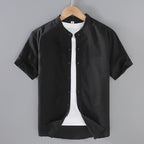Kortärmad linneskjorta med kinakrage för herr-Shirts for men-Fjallbarn