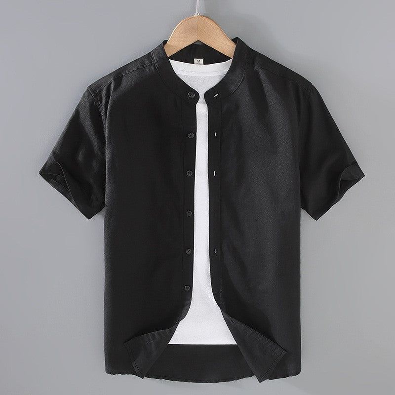 Kortärmad linneskjorta med kinakrage för herr-Shirts for men-Fjallbarn