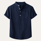 Kortärmad linneskjorta med kinakrage för herr-Shirts for men-Fjallbarn