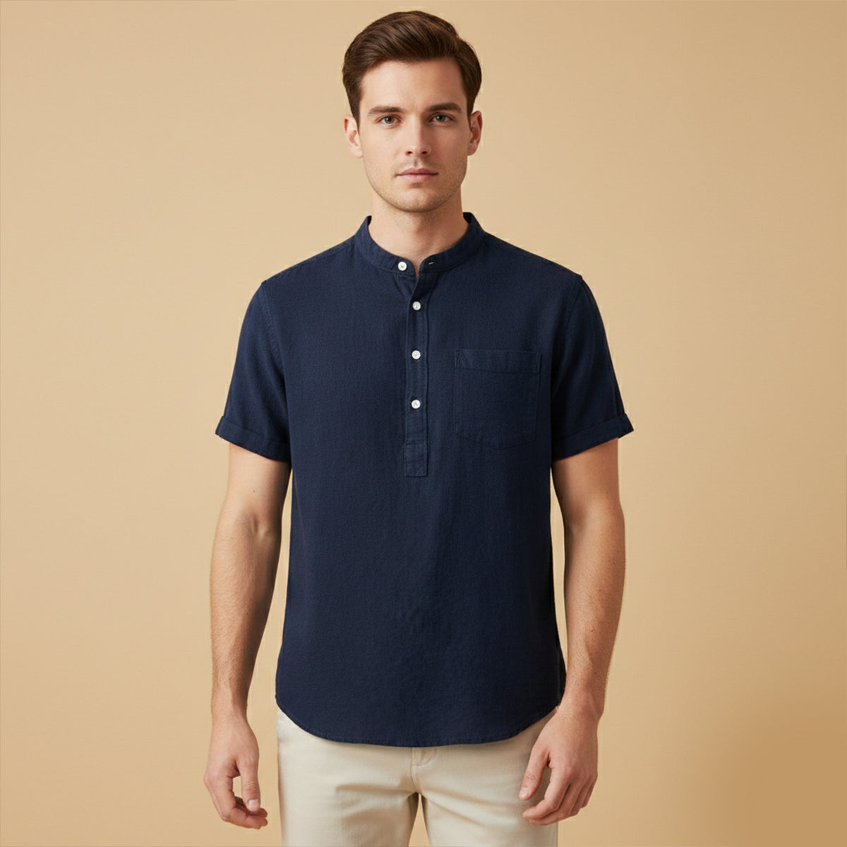 Kortärmad linneskjorta med kinakrage för herr-Shirts for men-Fjallbarn