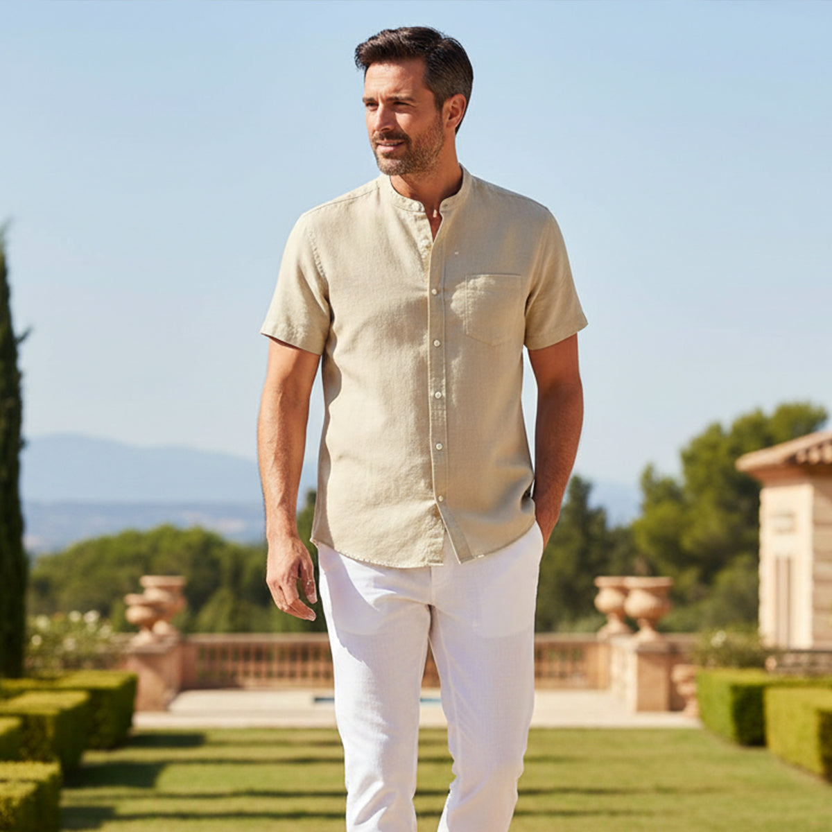 Kortärmad linneskjorta med kinakrage för herr-Shirts for men-Fjallbarn