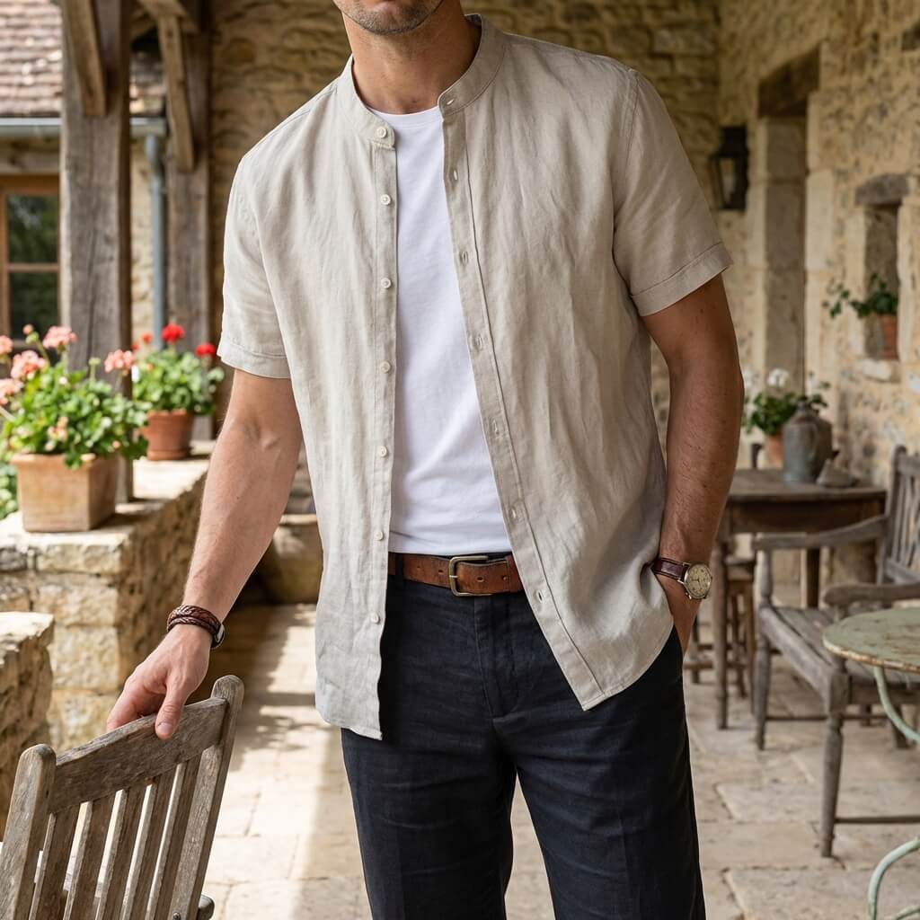 Kortärmad linneskjorta med kinakrage för herr-Shirts for men-Fjallbarn