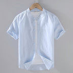 Kortärmad linneskjorta med kinakrage för herr-Shirts for men-Fjallbarn