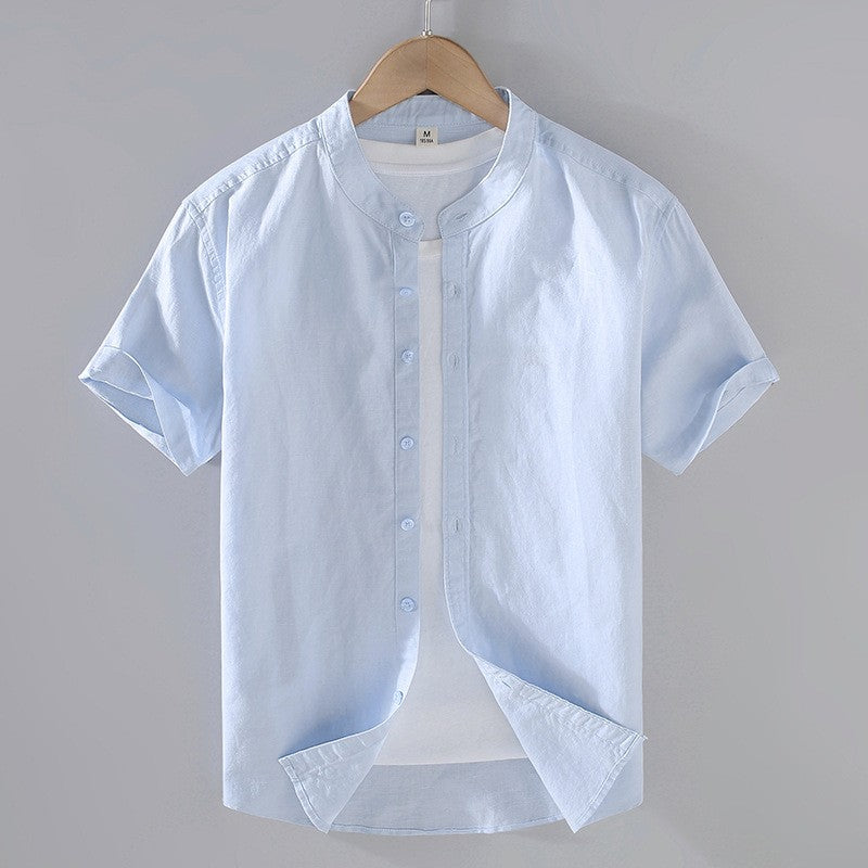 Kortärmad linneskjorta med kinakrage för herr-Shirts for men-Fjallbarn