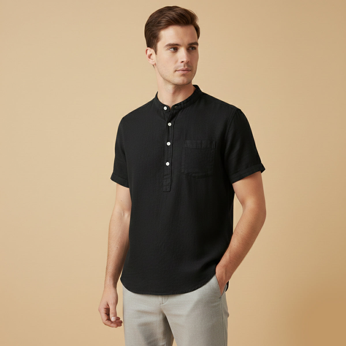 Kortärmad linneskjorta med kinakrage för herr-Shirts for men-Fjallbarn