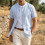Kortärmad linneskjorta med kinakrage för herr-Shirts for men-Fjallbarn
