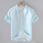 Kortärmad linneskjorta med kinakrage för herr-Shirts for men-Fjallbarn