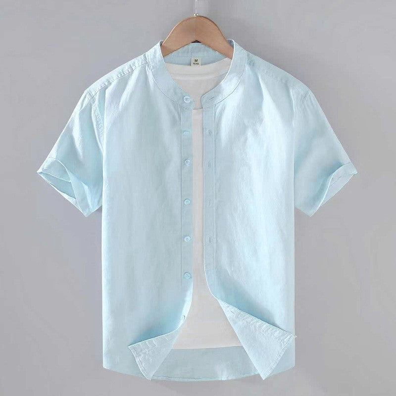 Kortärmad linneskjorta med kinakrage för herr-Shirts for men-Fjallbarn