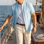 Kortärmad linneskjorta med kinakrage för herr-Shirts for men-Fjallbarn